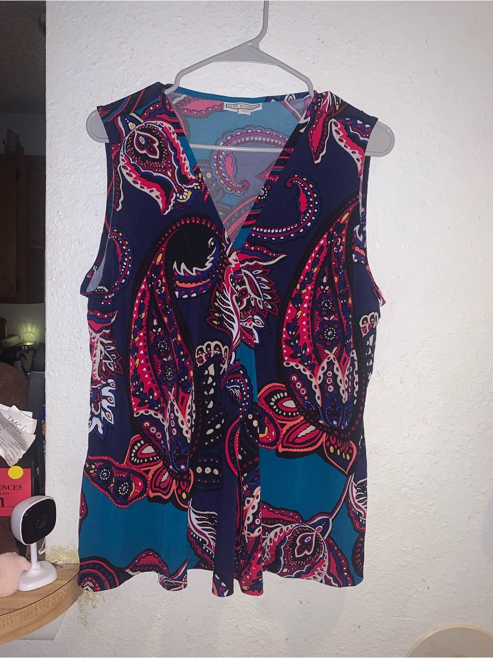 Dana Buchman Navy, Teal and Fuchsia Paisley Short Sleeve Top